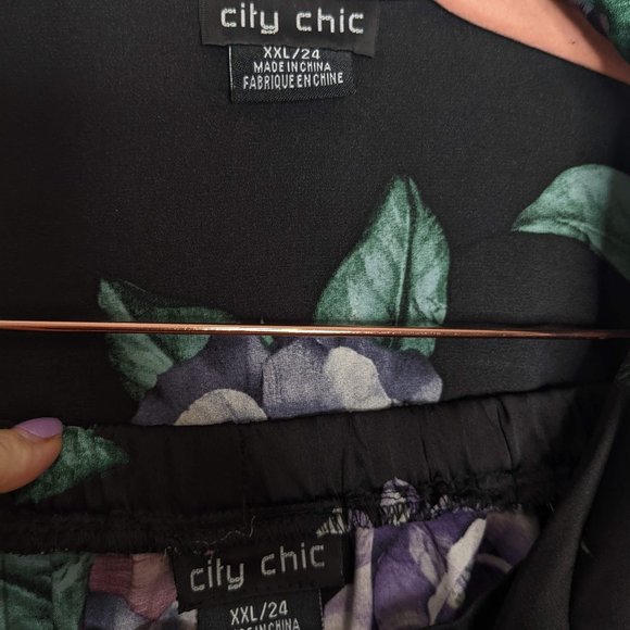 City Chic Black Satin Matching Pajama Set Floral Long Sleeve Pockets Size 24 - Picture 2 of 9